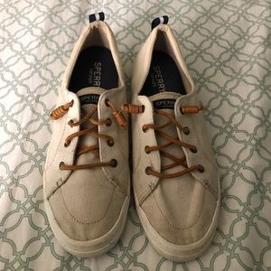 Tan sperry slip on shoes with laces
